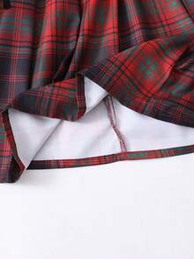 Girls' Plaid Collared Splice Preppy Style Cardigan With Puff Sleeves And Elastic Waist Pleated Skirt, Suitable For Spring/Autumn School, Commute, Outing, Stroll, Can Be Paired With Coats, Jackets - Burgundy - View 4