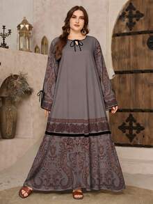 SHEIN Najma 大码女式V领系腰印花优雅阿拉伯风格长袖连衣裙，春季 - 彩色 - 查看 1