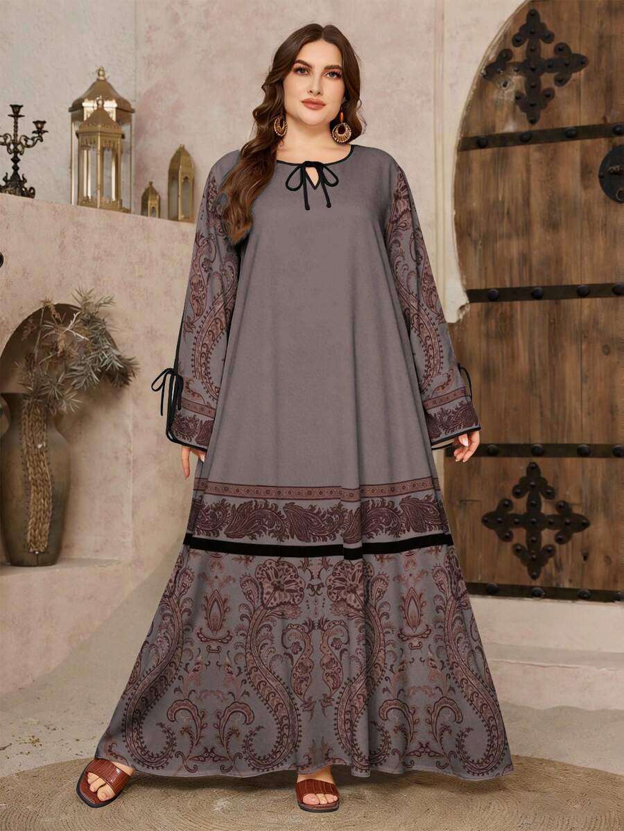 SHEIN Najma 大码女式V领系腰印花优雅阿拉伯风格长袖连衣裙，春季 - 彩色 - 查看 1