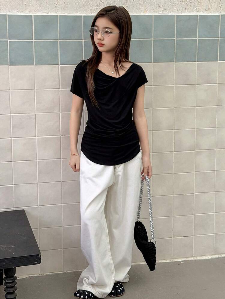 Tween Girls' Casual Everyday Commute Minimalist Solid Color V-Neck Fitted T-Shirt, Summer