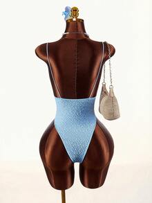 Amplova Rhinestone Glitter Backless Sexy Bodysuit For Party - Blue - View 2