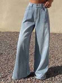 Livesso Women's High Waist Pocketed Wide Leg Loose Casual Versatile Jeans - Blue - View 4