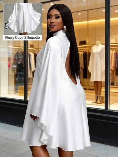 Slaydiva Autumn New Arrival, Suitable For Birthday Party, Party, Banquet, Back To School Season, College Style, Student Wear, Daily Outing, Basic Versatile, Casual, Cruise Travel, Trending, Streetwear, Elegant, Commute, Business Casual, Women Plus Size White Stand Collar Long Sleeve Ruffle Sleeve Backless Maxi Dress Valentine's Day Outfit