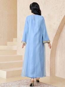 SHEIN Teen Girls Mist Blue & Light Blue, Gold Ribbon, Tassel, Spring/Summer, Vacation, Golden Lace Trim, Loose V-Neck Color Block Robe, Middle Eastern Arabic Style Long Dress, National Day Long Dress