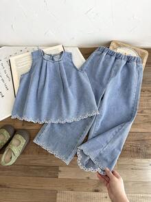 SHEIN LMoss Kids 2件套少女镂空刺绣花卉图案蓝色牛仔宽松背心和裤子套装 - 淺色水洗藍 - 查看 9