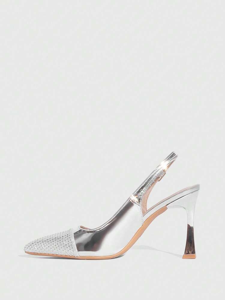 CUCCOO SZL Women's Silver Elegant Pointed Toe High Heel Pumps, Crystal Embellished Pyramid Heel Sexy Stilettos, Alluring Party Slingback High Heels, Suitable For Office, Outdoor, Wedding, Banquet, Party, Spring, Easter Spring Shoes