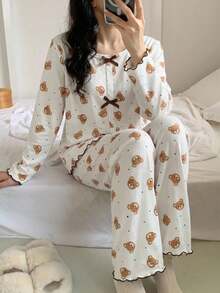 2件套女童白色小熊印花圆领针织长袖上衣和裤子套装，柔软亲肤，适合春夏穿着 - 彩色 - 查看 5