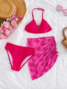 SHEIN Tween Girl Solid Color Halter Swimwear Set With Floral Print Coverup And Mini Skirt - Hot Pink - View 1