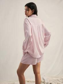 Easelle 2pcs Loose Drop Shoulder Long Sleeve Front Button Pink Striped Woven Women Set Summer Valentine's Day Beach  Outfit For Women Vacation - Pink - View 2