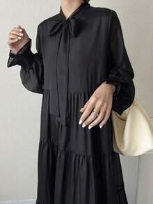 FRIFUL Damen Einfarbiges Kleid mit Krawattenausschnitt, Langarm, Rüschensaum, Lässig Sommerkleid - Schwarz - Übersicht 4