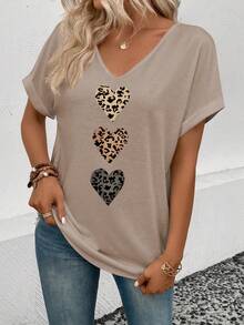 EMERY ROSE Women's New Arrival Spring/Summer Bestselling Ombre Leopard Print Heart Pattern V-Neck Short Sleeve Casual Versatile T-Shirt - Khaki - View 3