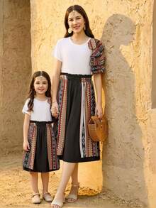 Teen Girl Elegant Crew Neck Retro Pattern Ruffle T-Shirt And Skirt Set - Black - View 2