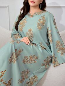 Al Najma 大码女式印花V领长袖连衣裙 - 粉色 - 查看 1