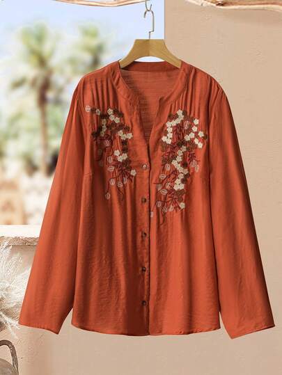 Lacomfia Orange Floral Embroidered Collared Long Sleeve Blouse, Loose & Comfortable For Commuting, Plus Size