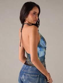 SHEIN BAE Women's Tie-Dye Print Draped Neck Backless Top - Blue - View 2