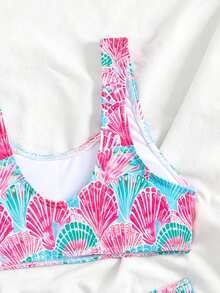 SHEIN Girls' Cute Shell Digital Print Camisole Bikini Set, Suitable For Beach Vacation, Spring/Summer/Autumn - Red - View 6