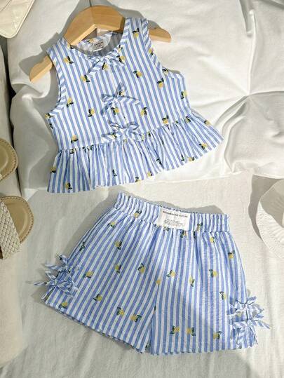 SHEIN Baby Girl Casual Minimalist Comfortable Round Neck Bowknot Decor Sleeveless Top And Shorts Set
