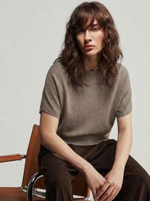 Ontre 2026春夏女士柔软宽松羊毛混纺短袖毛衣，适合都市通勤、商务休闲、度假、婚礼宾客、派对等优雅场合穿着。 - 駝色 - 查看 5