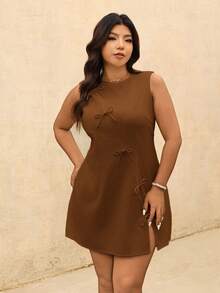 Elaquor Đầm không tay cổ tròn xẻ tà, màu trơn, cỡ lớn, trang trí nơ, dáng thanh lịch. - màu nâu - Xem 5