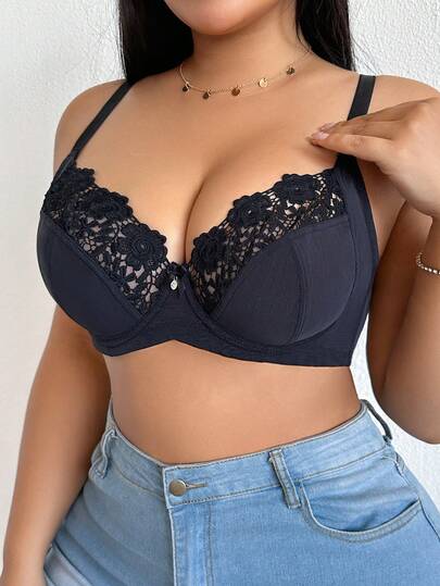 DesireSculpt 1 pieza Sujetador con aros acolchado de encaje negro y malla para tallas grandes