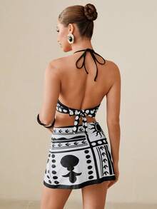 Swim Oasis 女士沙滩度假阳光印花露背比基尼套装，含罩衫和裙子 - 黑與白 - 查看 3