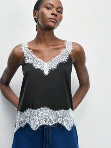 Maija Black And White Lace Patchwork Camisole Top For Women,Elegant,Summer Date Night,Skin-Friendly,Versatile Beach,Party,Valentine's Day,Spring Break Top - Black and White - View 2