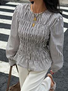 Siren Gaze Women's Casual Striped Long Sleeve Blouse Spring - Brown - View 3