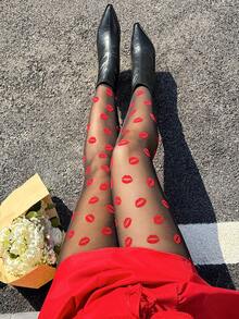 GalTyme Quần legging lưới màu đỏ quyến rũ, thời trang dành cho người có thân hình mũm mĩm, thích hợp cho ngày Valentine. - màu đen - Xem 3