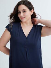 LUVLETTE Summer Dark Blue Super Soft TENCEL™ Modal Lace Insert Short Sleeve Nightdress Airy Women Pajamas Dress Slip Dress & Pyjamadressing - Navy Blue - View 4