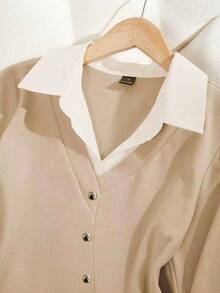 Franclia 女士纯色优雅撞色领长袖褶裥下摆衬衫，秋冬休闲上衣，乡村风格，适合圣诞节、办公室通勤等场合。 - 杏色 - 查看 5