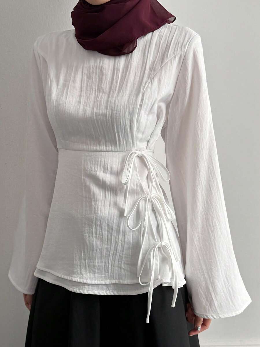 DAZY Spring/Summer Minimalist Design Poetic Old Money Casual Office/Commute Long Sleeve White Blouse For Women - White - View 1