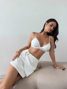 Firerie Chân váy ngắn bằng vải lanh kiểu dáng tối giản, thanh lịch dành cho nữ, phù hợp đi làm, với phụ kiện kim loại, kiểu dáng vạt chéo phía trước. - trắng - Xem 5