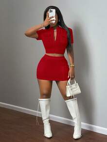 Slaydiva Women's Red Summer Casual Night Out Two Pieces Set,Stand-Up Collar Zipper Short-Sleeved Top & Hip Mini Skirt,Pit Rib Street Pocket Decoration Outfit - Red - View 5
