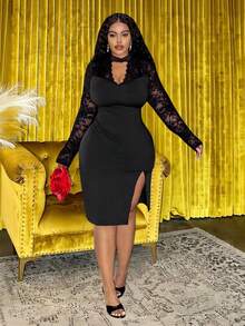 Slaydiva Plus Size Women's Elegant Black Autumn Formal Bodycon Dress,Long Lace Sleeve Evening Night Out Club Outfit,Vintage Solid Cocktail Party Gown - Black - View 14
