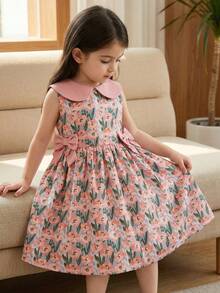 SHEIN Kids Sleeveless A Line Flared Peter Pan Collar Short Dress With Plant Pattern And Bows,Kids - Pink - View 5