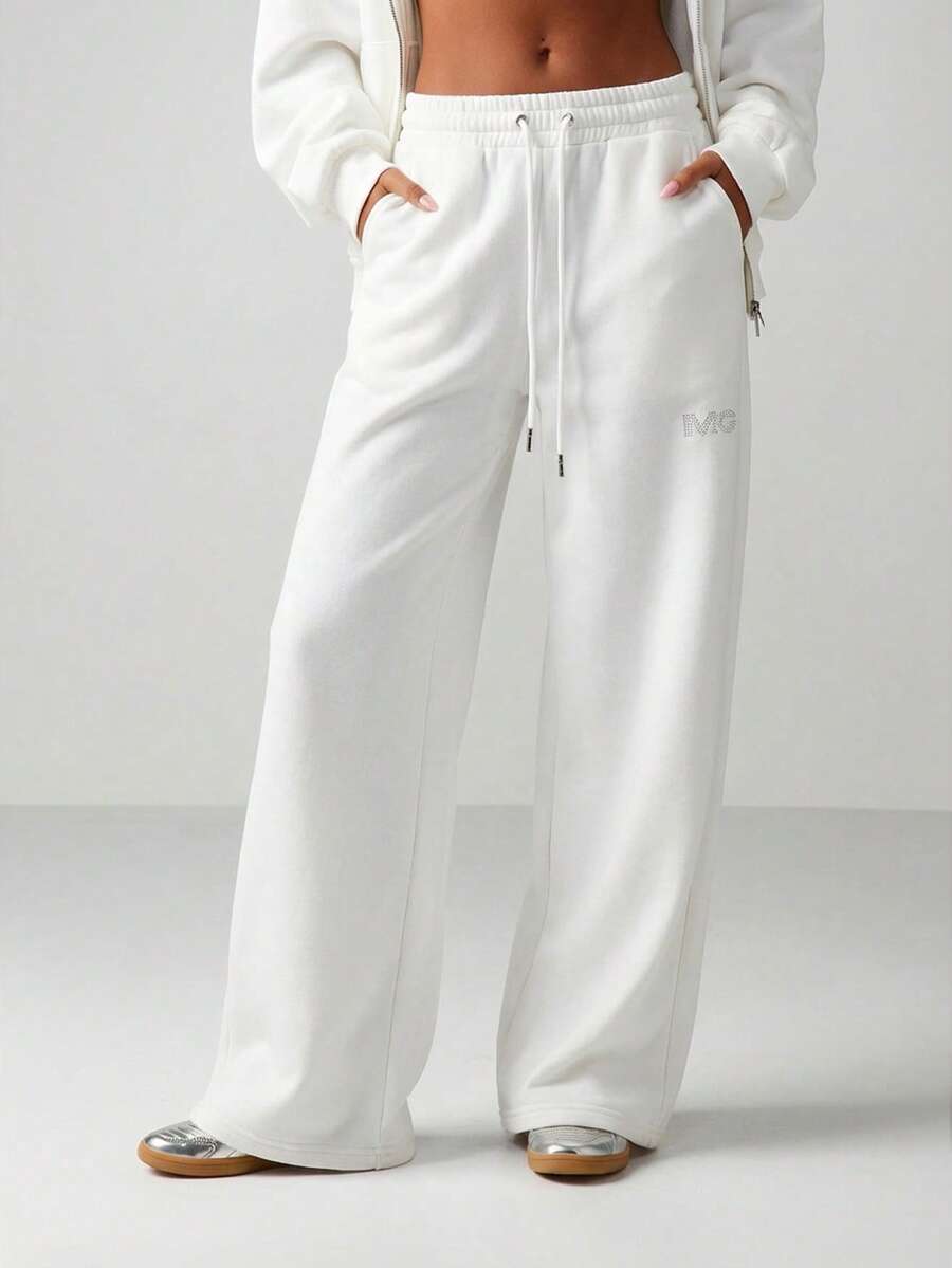 MISSGUIDED Women's Drawstring Sweatpants With Elastic Waistband Pockets Relaxed Fit Casual Wide Leg Loungewear Bottoms - Cream - View 1