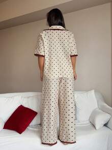 Dream Adore Plus Size Contrast Color Frill Trim Polka Dot Print Lapel Short Sleeve Loose Pajama Set Polka Dot Pajama Set Pajama Jumpsuit Cherry Pajamas Bow Pajamas Vintage Pajama Set - Apricot - View 2