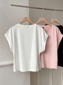 SHEIN EZwear Bộ 3 áo thun nữ tay ngắn cổ chữ V màu trơn, kiểu dáng thường ngày, thích hợp mặc mùa hè. - Nhiều màu - Xem 7