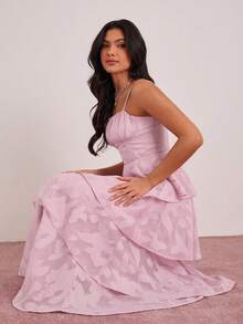 Enchnt Spring/Summer Romantic Women's Pink Jacquard Ruched Bust Layered Ruffled Camisole Maxi Dress,Sweet&Elegant For Vacation&Date&Holiday&Going Out&Valentine's Day,Spring Outfit Women - Baby Pink - View 4