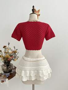 Elamini 休闲百搭极简镂空女式开衫毛衣 - 紅色 - 查看 2