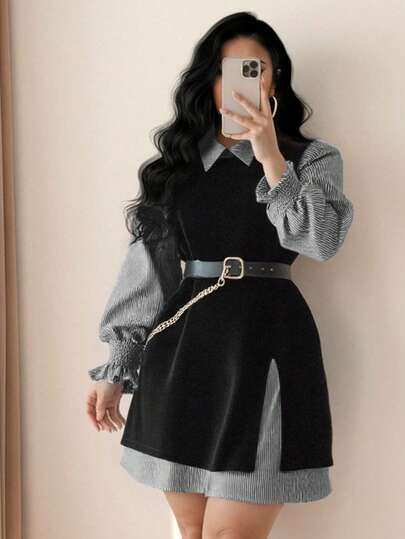 Elenzga Plus Size Women's Casual Best-Selling Fashion Versatile Classic Blue & White Striped Long Shirt Dress With Sleeveless Long Slit Hem Vest Set, Paired With Chain Belt For Waist Cinching, Suitable For Commuting, Back To School And Other Casual Outings