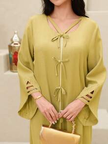 Yasmyna 女士纯色扭结镂空V领长袖土耳其长裙和阿拉伯传统罩袍 - 黃色 - 查看 6