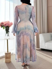 Feyla Women's V-Neck Long Sleeve Waist Cinched Elegant Dress - Multicolor - View 4