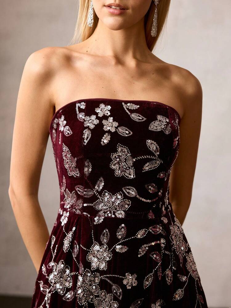 MOTF Soiréza WOMEN'S PARTY STRAPLESS CONTRAST SEQUINS BEADED EMBROIDERED DRESS