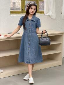 DAZY Đầm denim tay ngắn cổ bẻ cho bé gái tuổi teen, thích hợp cho mùa thu. - Màu xanh lam - Xem 3