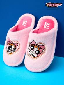 POKOJA LAND THE POWERPUFF GIRLS X 粉色刺绣绒面拖鞋 - 冬季防滑平底粉色室内外两用懒人风网红同款爱心刺绣绒面拖鞋 - 女士冬季加厚保暖粉色家居鞋学生宿舍必备 - 粉色 - 查看 2