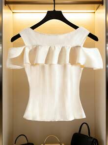GlowEve Women's Elegant Solid Color Off-Shoulder Button Decorated T-Shirt, Summer - Apricot - View 2