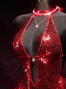 SHEIN ICON 女士亮片吊带红色闪亮婚礼生日派对度假情人节闪光迷你连衣裙，时尚派对装 - 紅色 - 查看 7