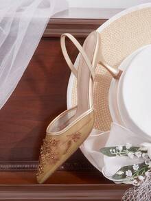 CUCCOO HITCHD Giày cao gót lưới màu sâm panh thêu ren mũi nhọn thanh lịch dành cho nữ, giày cô dâu cho buổi hẹn hò lãng mạn, đám cưới, tiệc tối - Vàng - Xem 13