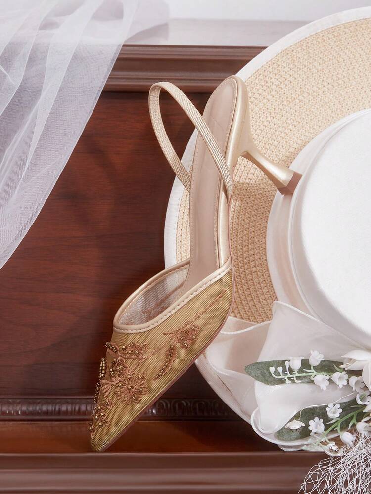 CUCCOO HITCHD Women's New Embroidered Lace Pointed Toe Elegant Champagne Mesh High Heels, Bridal Shoes For Romantic Date, Wedding, Banquet Valentine's Day Elegant Shoes